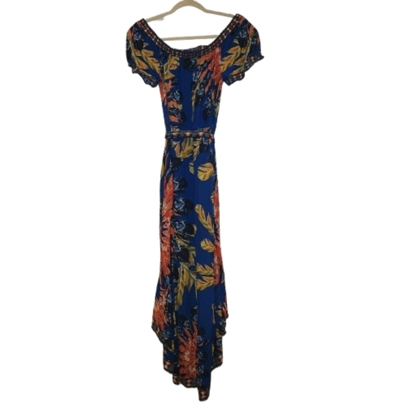 Flying Tomato Blue Floral High-Low Dress Size L Elastic Neck On/Off Shoulder - Picture 3 of 10